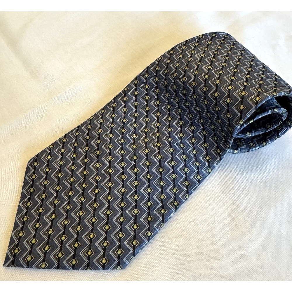 ZINC‎ Z Inc Mens Navy Blue Yellow Black 100% Silk Neck Tie 56 inch Made in Korea